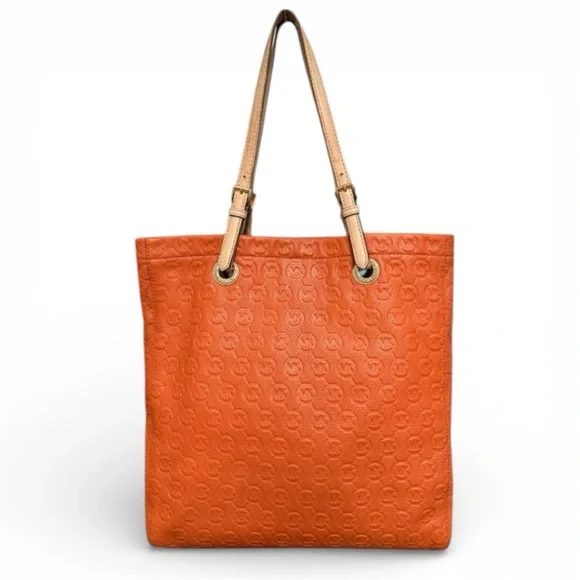 Michael Kors Tote Bag Vintage Monogram Embossed Leather Tote Shoulder Bag Orange - Picture 1 of 12